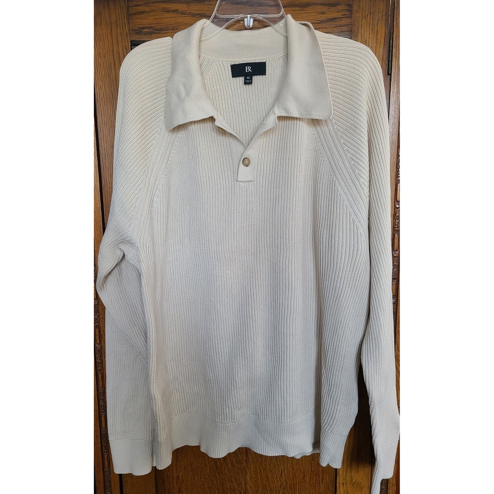 Banana Republic Mens XL Cream Ribbed Cotton Polo Sweater Long Sleeve 503505-00